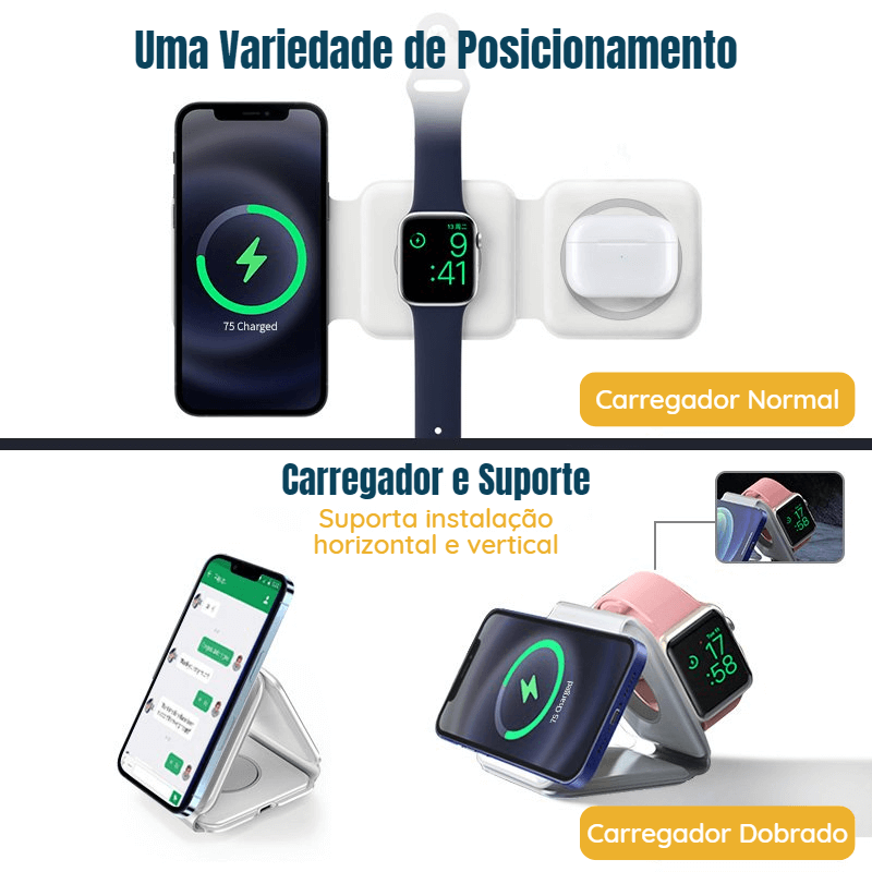 Carregador Indução Dobrável 3 IN 1 FastCharger